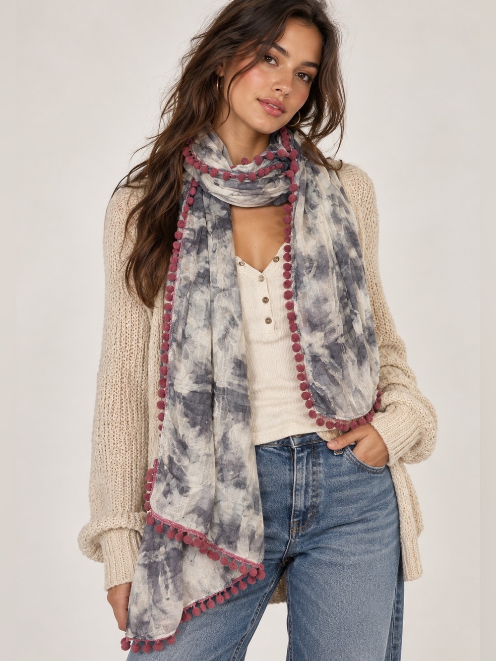 NATURAL LIFE Gray Tie-Dye Scarf with Pink Pom Trim